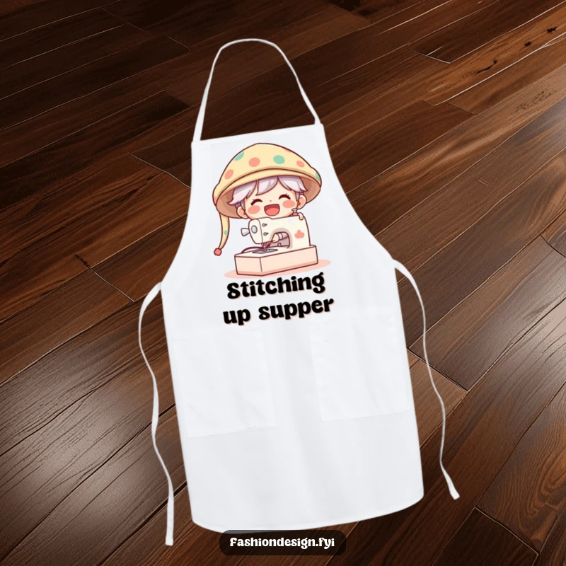 Funny Apron showing a gleeful character laughing while sewing a comically oversized hat on a giant sewing machine.