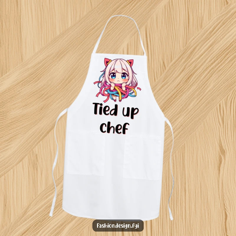 Funny apron with a character comically tangled in colorful ribbons, looking playfully frustrated while cooking.