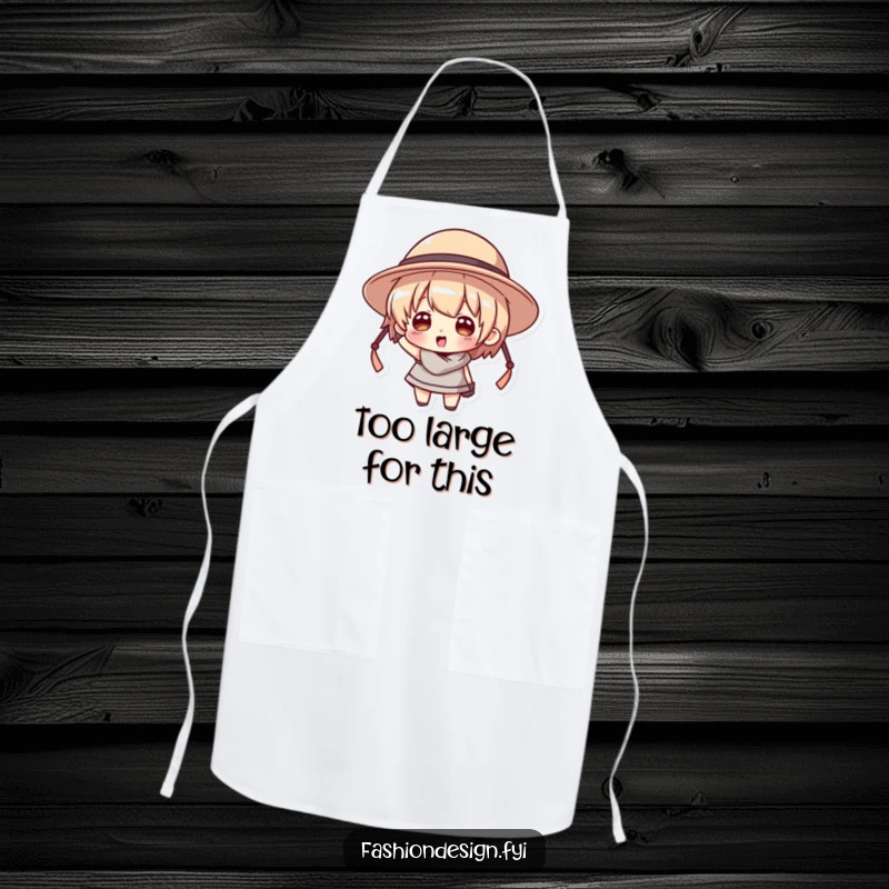 Funny apron showing a character comically trying on a hat that is comically too big while cooking.