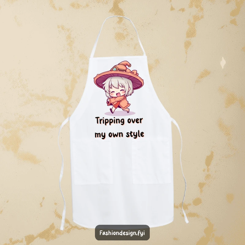 Funny apron depicting a character comically tripping, their elaborate oversized hat tilted; a humorous kitchen accessory for clumsy cooks.