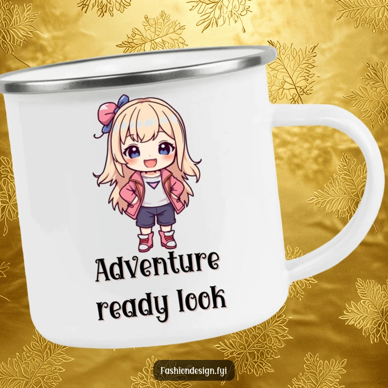 Funny camping mug featuring a joyful character posing confidently in a stylish outfit they created, for stylish campers.