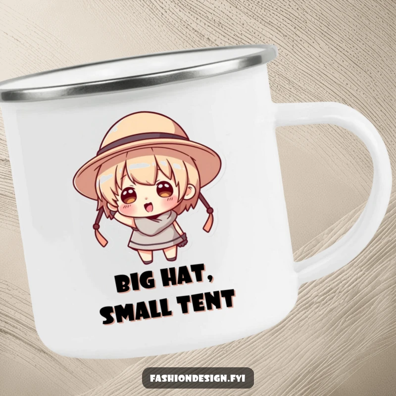 Funny camping mug showing a character comically trying on a hat that is far too big for their head.
