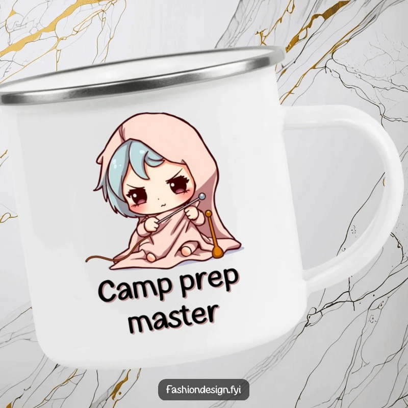 Funny camping mug featuring a character intently pinning fabric, ideal for crafters on the go.