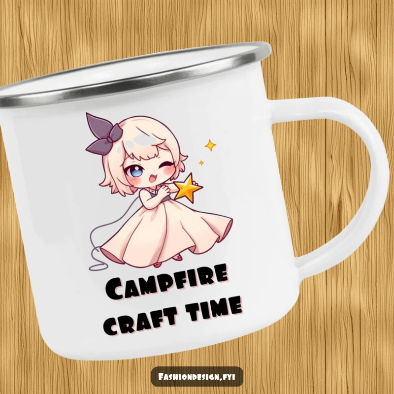 Funny Seamstress Star Camping Mug: A mischievous character stitches a winking star onto a flowing gown, perfect for outdoor humor, a funny gift.