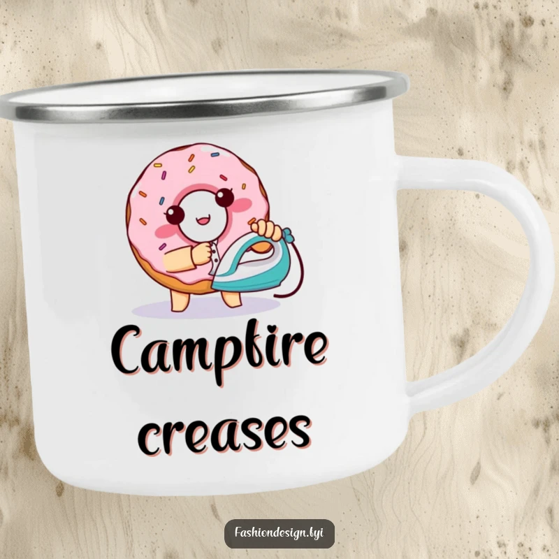Funny mischievous donut with sprinkles, ironing a shirt, enamel camping mug, great funny gift.