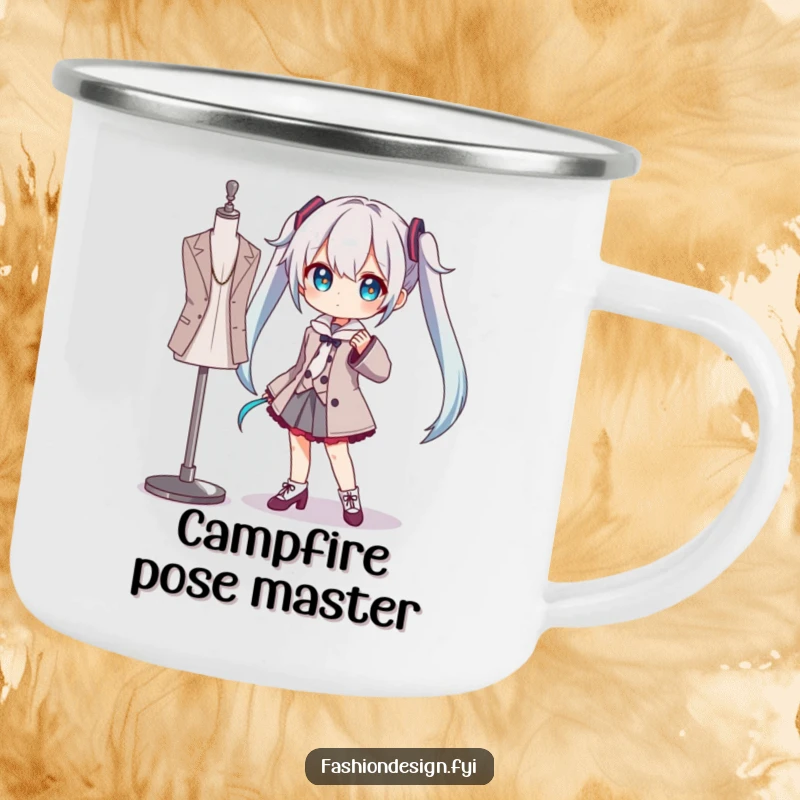 Funny camping mug showing a character striking a dramatic pose next to a mannequin, ideal for outdoor artistic expression.