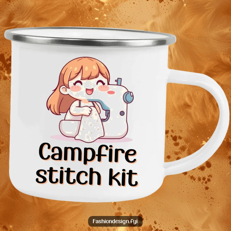 Funny camping mug showcasing a happy character sewing, ideal for outdoor use and bringing a humorous touch to your campsite.