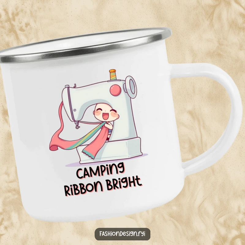 Funny ribbon pull camping mug showing a delighted character pulling a long colorful silk ribbon from a giant sewing machine, outdoor funny gift.