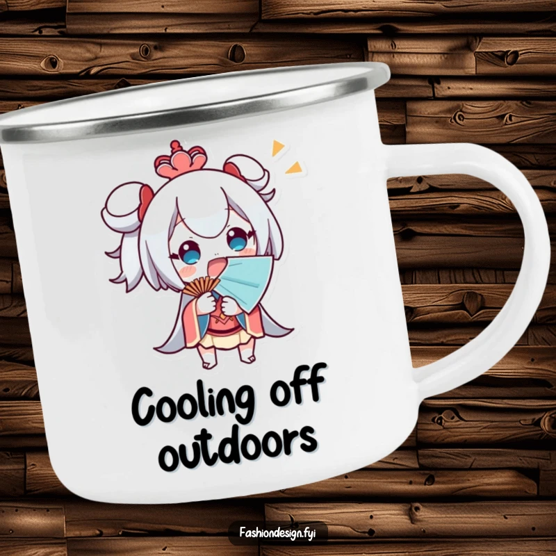 Funny Camping Mug of a surprised character fanning themselves with a large fan, great for hot weather camping.