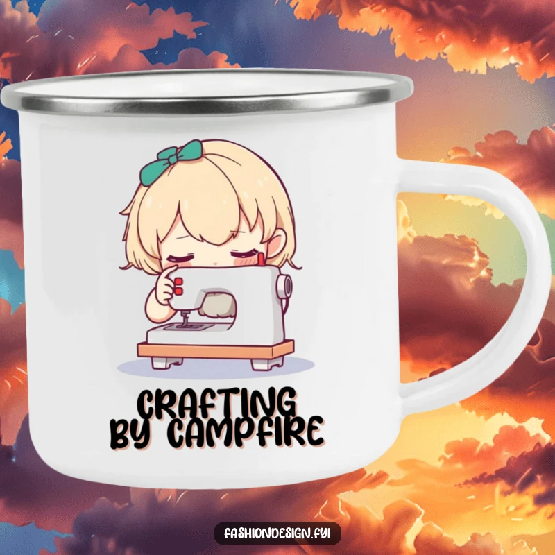Funny camping mug featuring a curious character examining a tiny sewing machine, for cozy crafting contemplation.