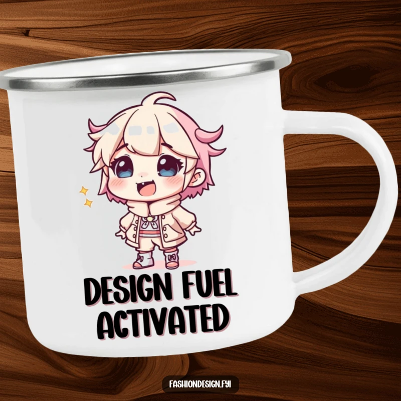 Funny Designer Camping Mug: A giggling character sketches an eccentric outfit, perfect for enjoying beverages during creative outdoor adventures.