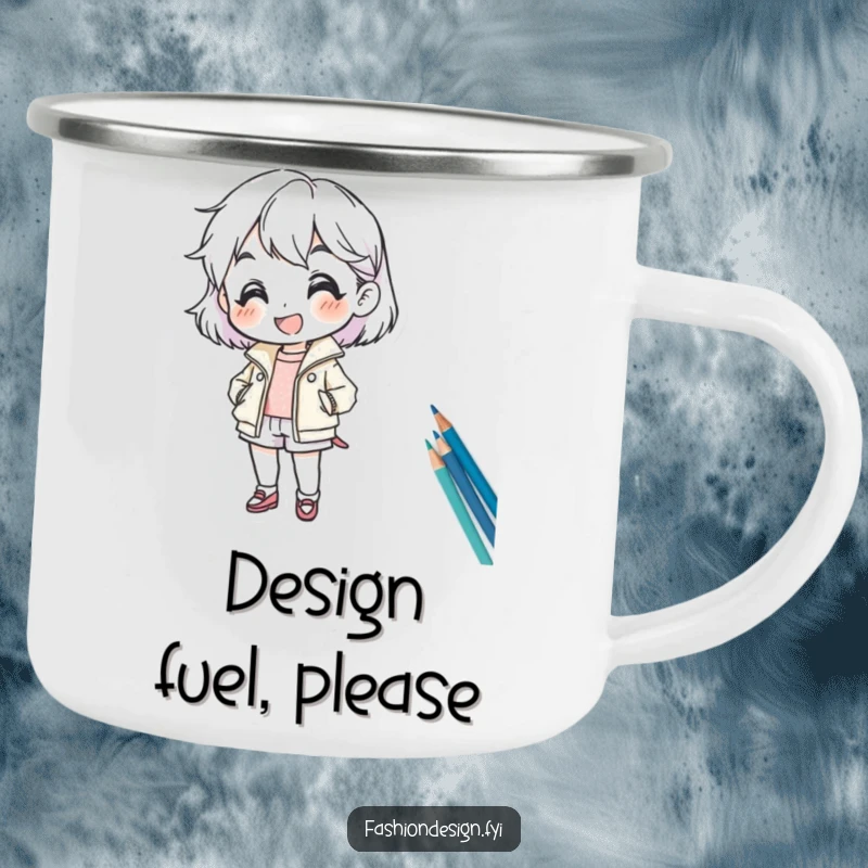 Funny camping mug featuring a cheerful character sketching a fashion design, perfect for artistic outdoor enthusiasts.