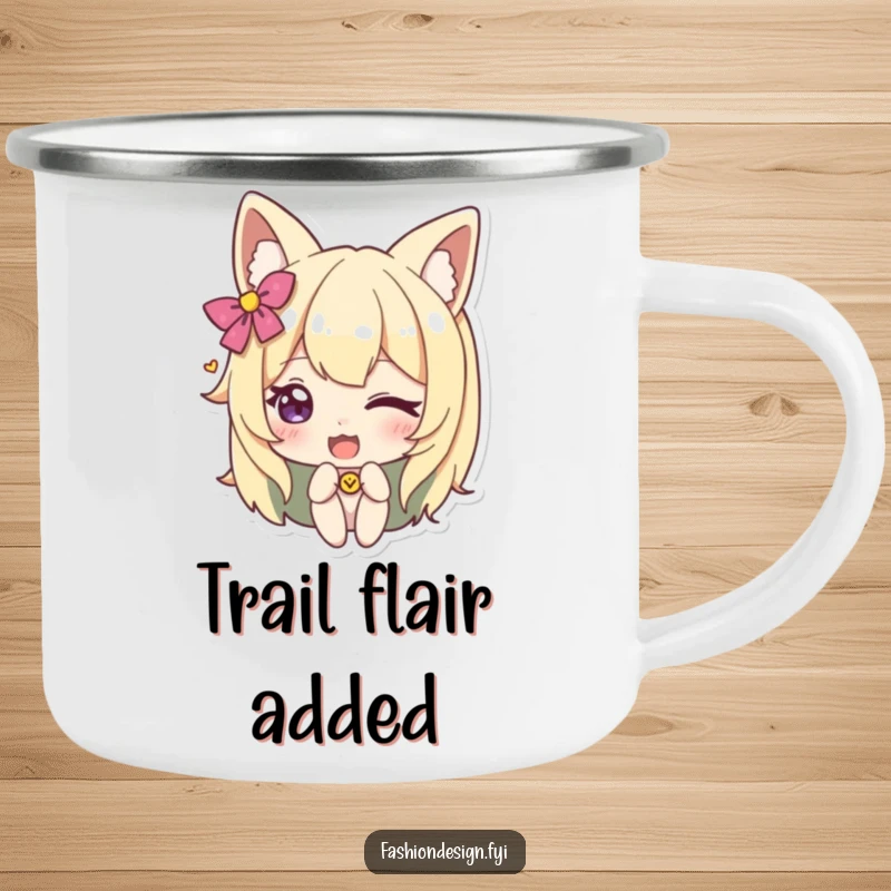 Funny camping mug with a character winking and adding an accessory, built for the outdoors and a good chuckle.