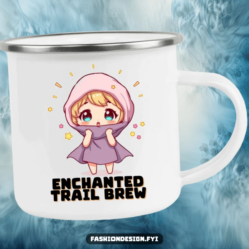 Funny Camping Mug: Character looks surprised as a fabric swatch magically transforms, perfect for outdoor enchantment.