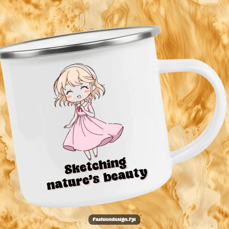Funny camping mug with a character sketching a gown, perfect for artists to use while finding inspiration.