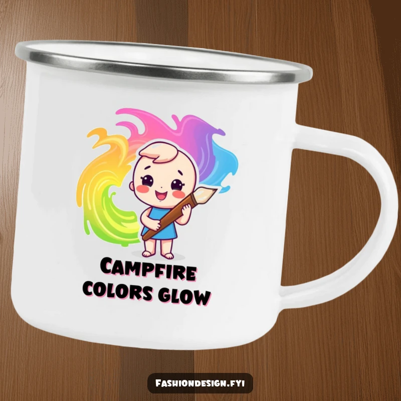 Funny camping mug with a character using a paintbrush to create colorful swirls, bringing art to outdoor settings.