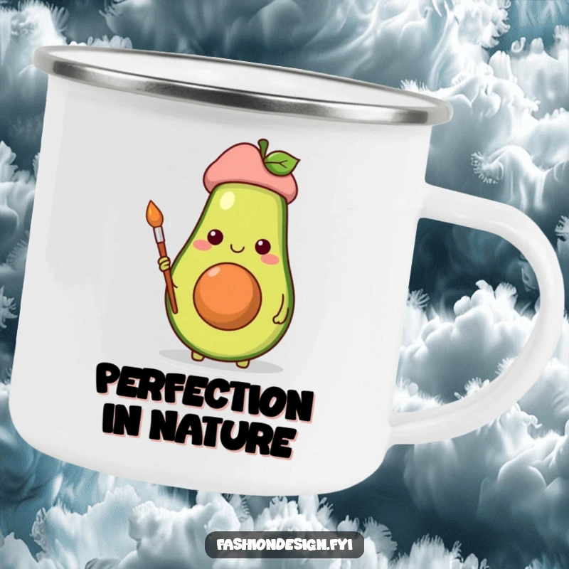Funny camping mug with a cheerful avocado artist, beret and paintbrush, perfect for outdoor art.