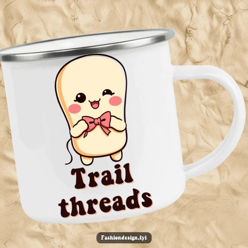 Funny cheerful baguette with arms, sewing a bow, enamel camping mug, great funny gift.