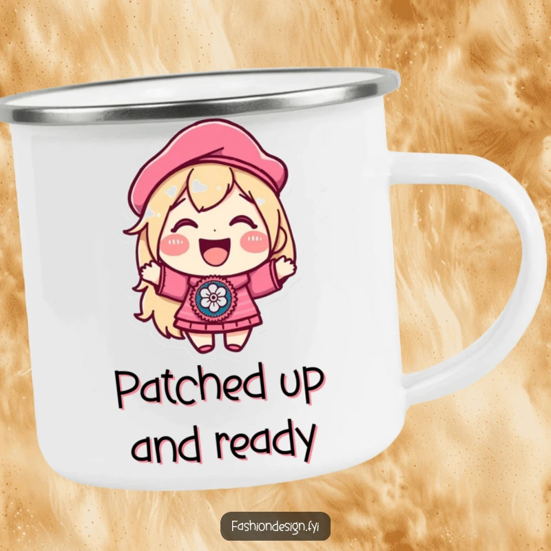 Funny camping mug featuring a joyful character in a beret, proudly displaying a beautifully embroidered patch, perfect for enjoying drinks outdoors with style.