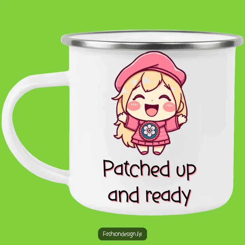 Funny Beret Patch Camping Mug: Joyful Character Art for Outdoor Adventures