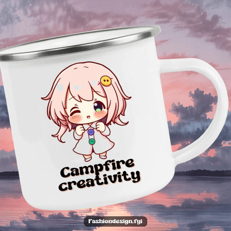 Funny camping mug showing an enthusiastic character pinning colorful buttons onto a design, for outdoor crafting.