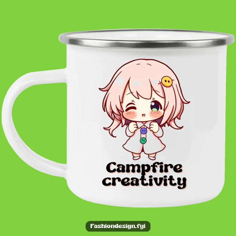 Funny Button Pinning Camping Mug - Enthusiastic Character's Outdoor Crafting