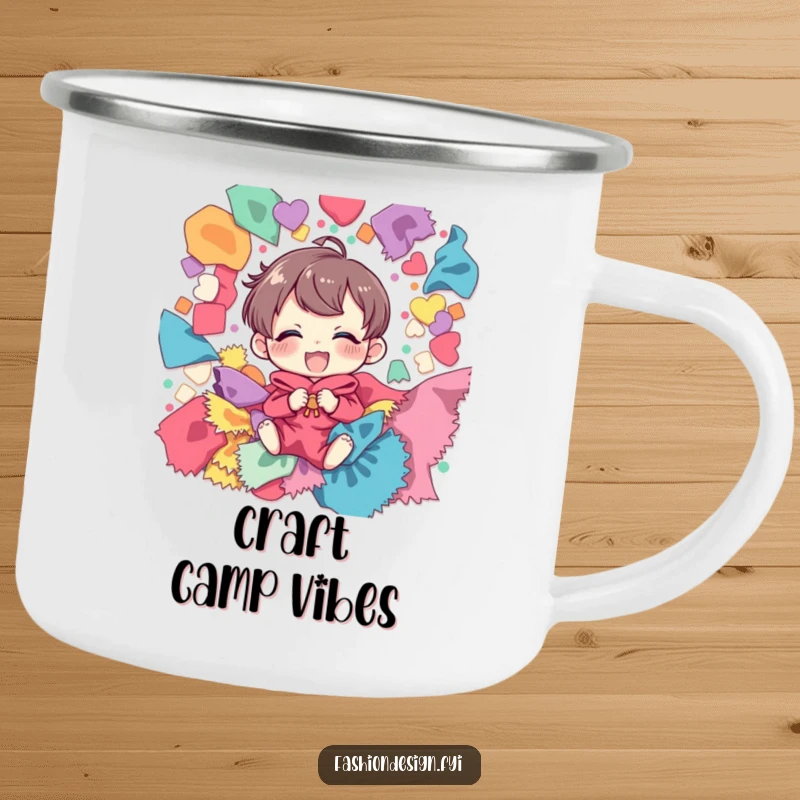 Funny camping mug with a cheerful character giggling surrounded by a whimsical pile of colorful fabric scraps, perfect for outdoor crafting.