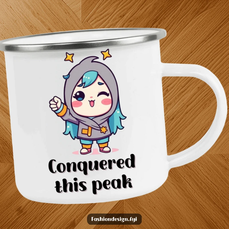 Funny Camping Mug of a triumphant character confidently pinning fabric, great for outdoor crafting enthusiasts.