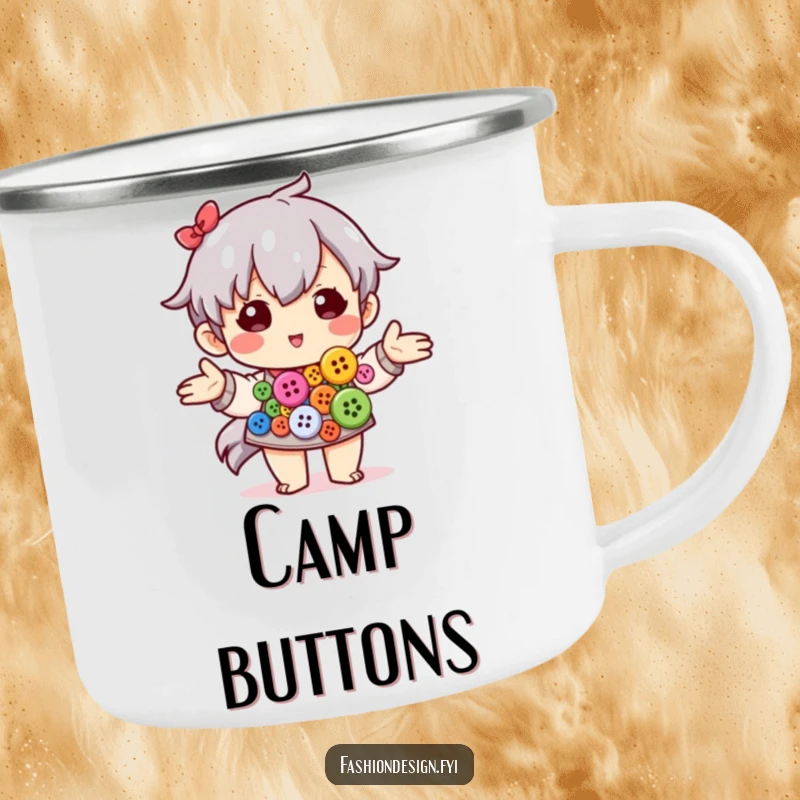 Funny camping mug featuring a character artfully arranging colorful buttons, ideal for crafters on the go.