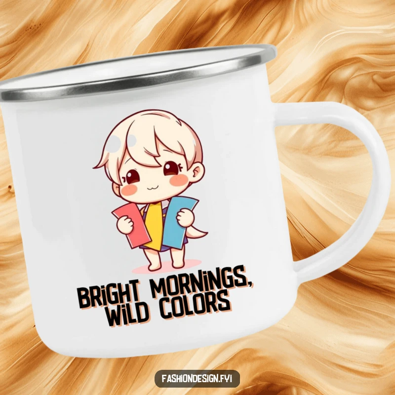 Funny camping mug featuring a happy character selecting colorful fabric swatches, perfect for sipping coffee during creative breaks.