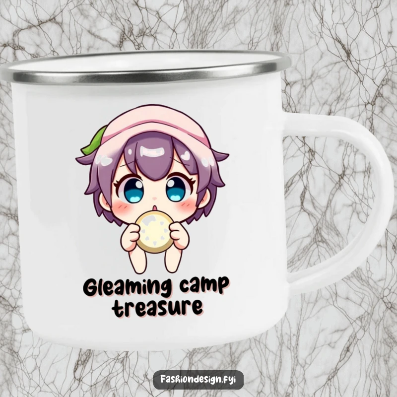 Funny crafter camping mug with a surprised character holding a sparkly button, perfect for outdoor adventures and creative sips.