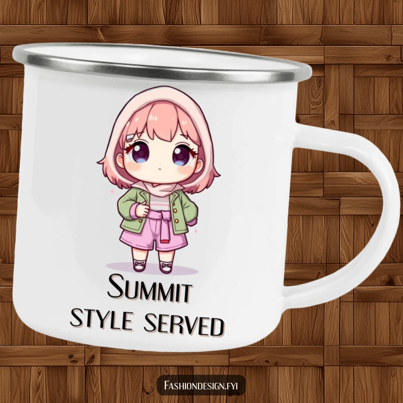 Funny camping mug showing a proud character proudly presenting their finished fashion creation, perfect for creative outdoorsy types.