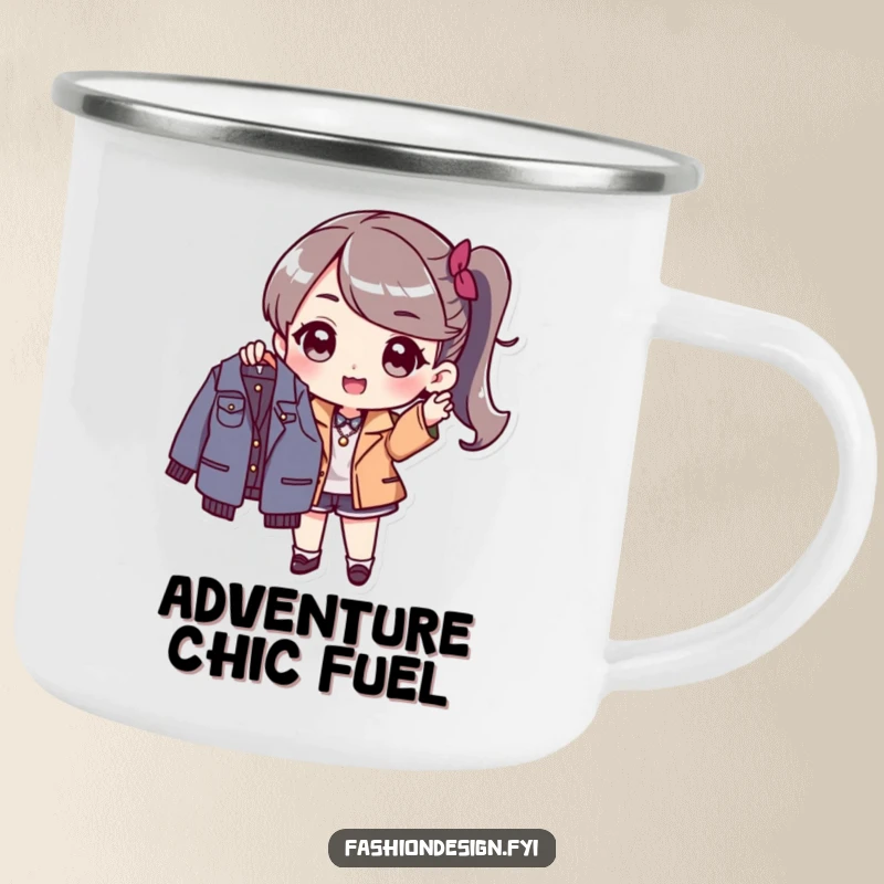 Funny Camping Mug: Stylish character holding up a new fashionable garment, perfect for outdoor style and humor.