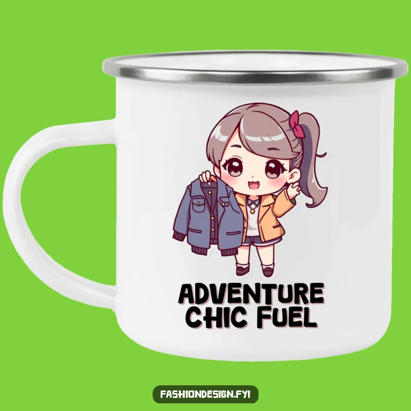 Funny Fashionista Camping Mug: Stylish Character with New Garment, Outdoor Humorous Gift