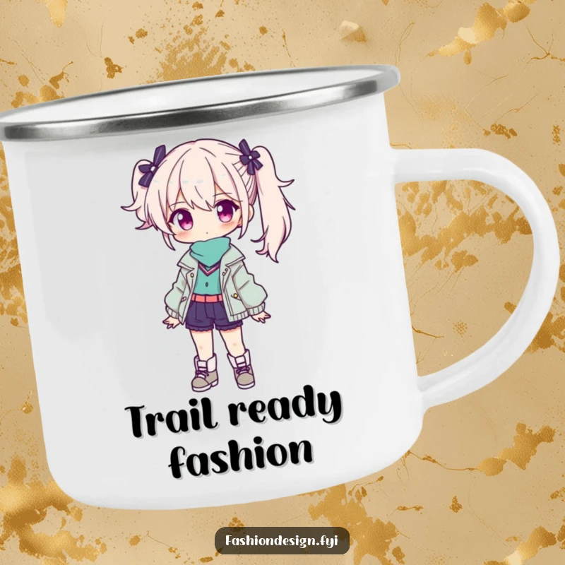 Funny camping mug featuring a confident character presenting a stylish outfit, perfect for outdoor drinks.