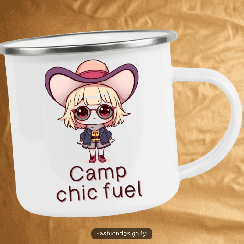 Funny camping mug featuring a proud fashionista character with an outlandish hat, perfect for stylish outdoor enjoyment.