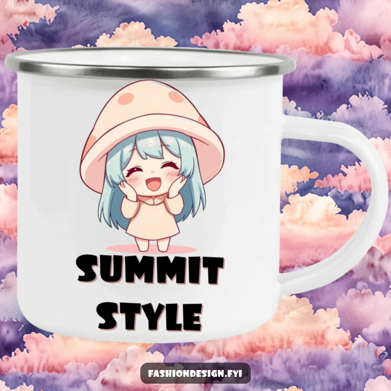 Funny Camping Mug: A character giggles uncontrollably while trying on a comically oversized hat, perfect for outdoor enjoyment.