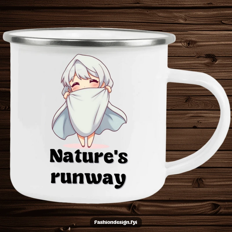 Funny Camping Mug of a cheerful character elegantly draping cloth, a beautiful and functional piece for outdoors.