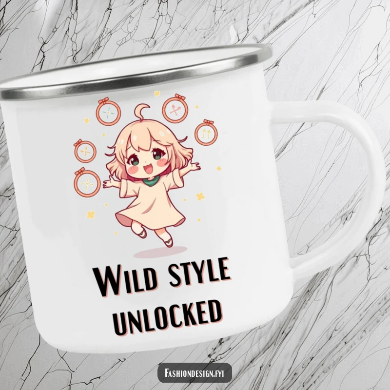 Funny camping mug showing a character doing a happy dance surrounded by floating mannequins, for outdoor adventures.