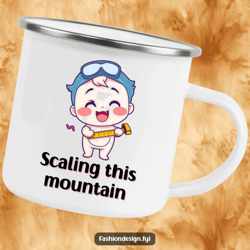 Funny camping mug featuring a happy character intently using a measuring tape, embodying focused excitement for outdoor tasks.