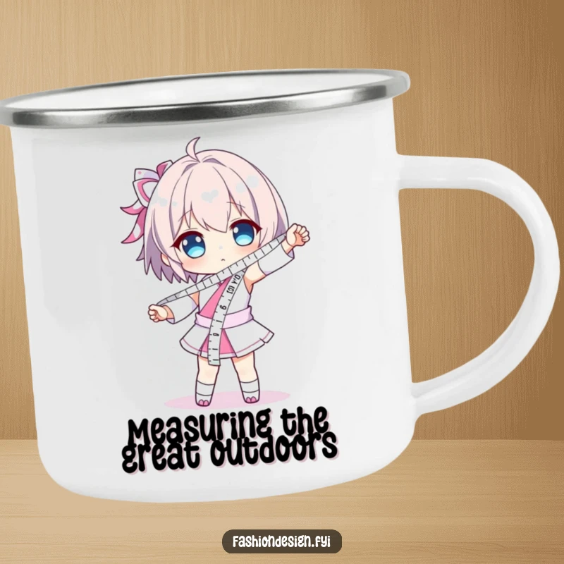 Funny camping mug showing a character dramatically posing, wearing a measuring tape like a sash; brings precision and humor outdoors.