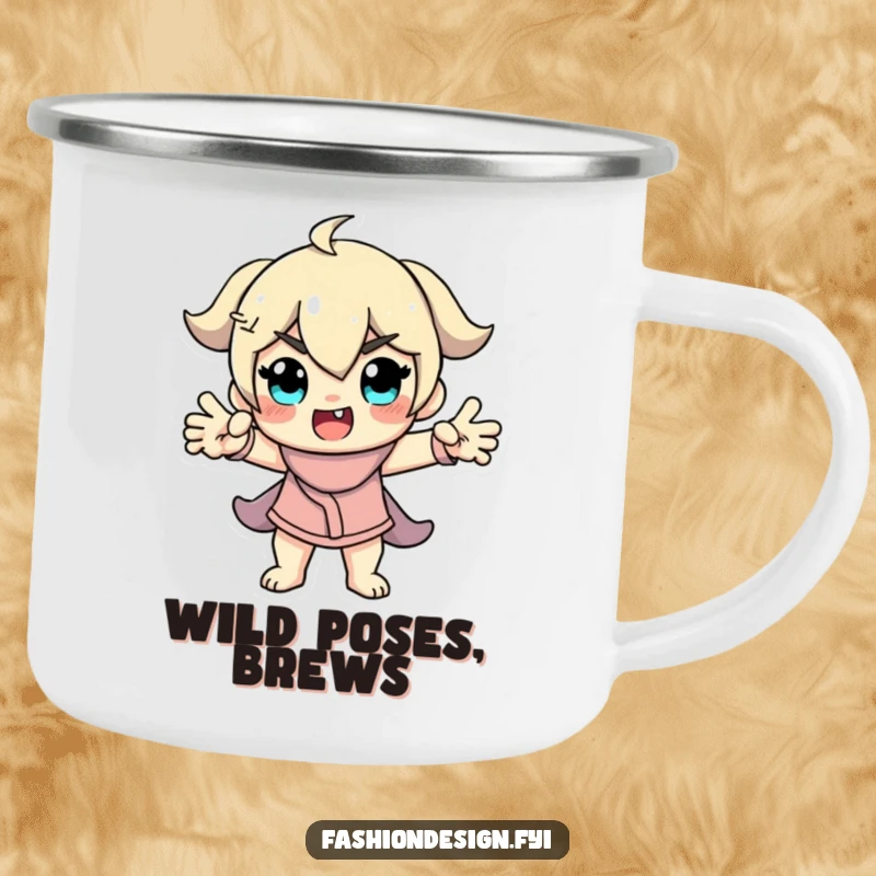 Funny Model Camping Mug showing a character in a dramatic, funny pose, ideal for outdoor enthusiasts who love fashion and humor.