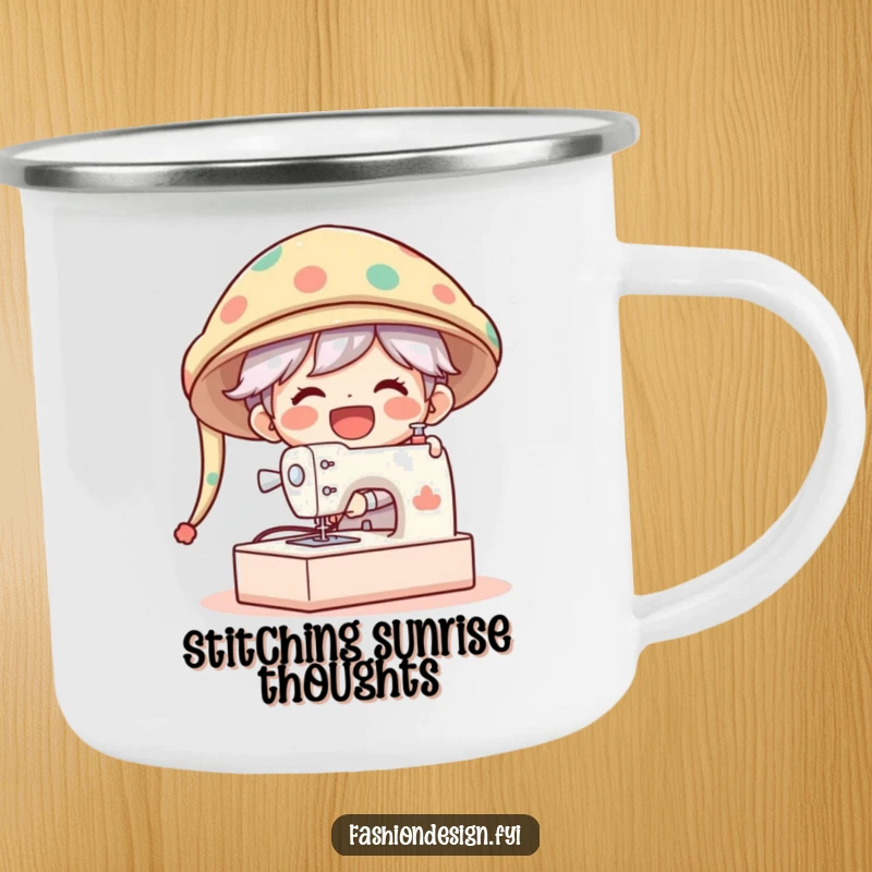 Funny Camping Mug of a gleeful character laughing while sewing a comically oversized hat on a giant sewing machine.