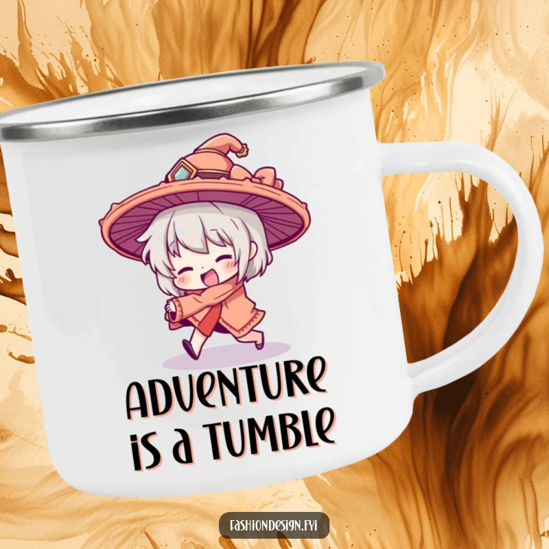 Funny camping mug showing a character comically tripping, their oversized hat tilted, perfect for outdoor humor and clumsy adventurers.