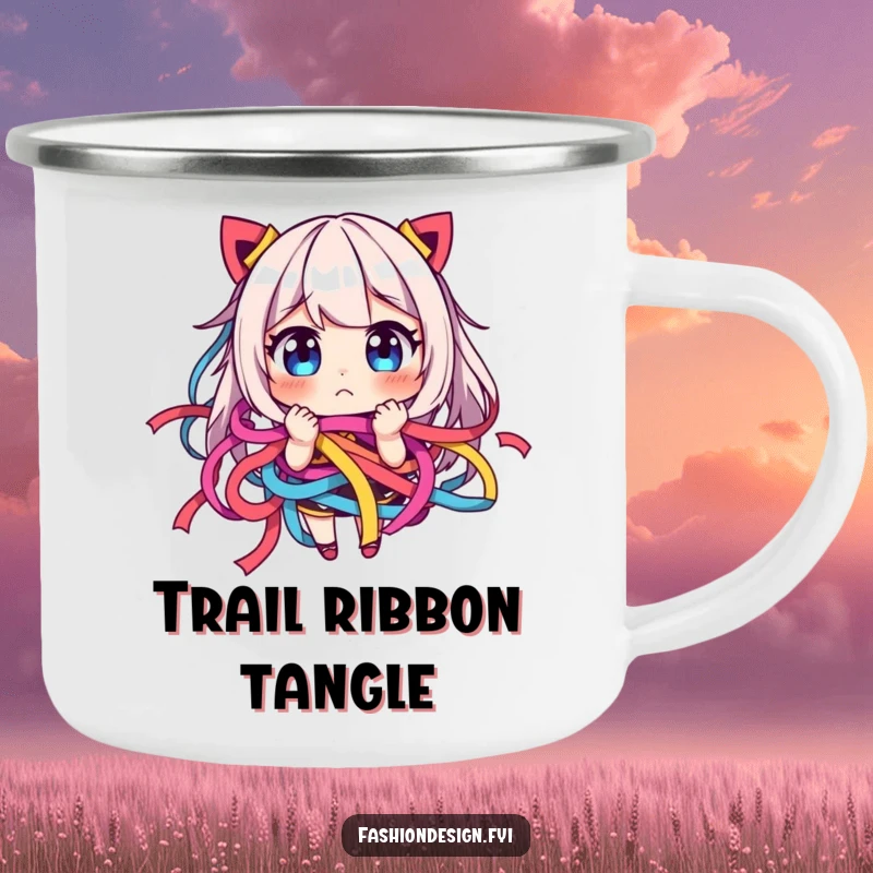 Funny camping mug with a character comically tangled in colorful ribbons, looking playfully frustrated.