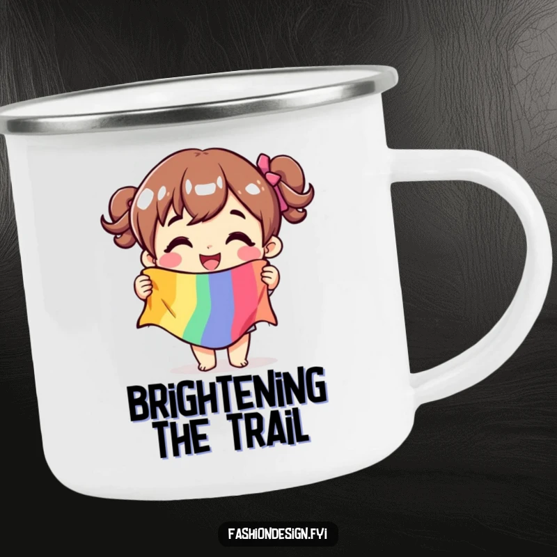 Funny camping mug with a character holding a fabric swatch, perfect for crafters to use while finding inspiration.