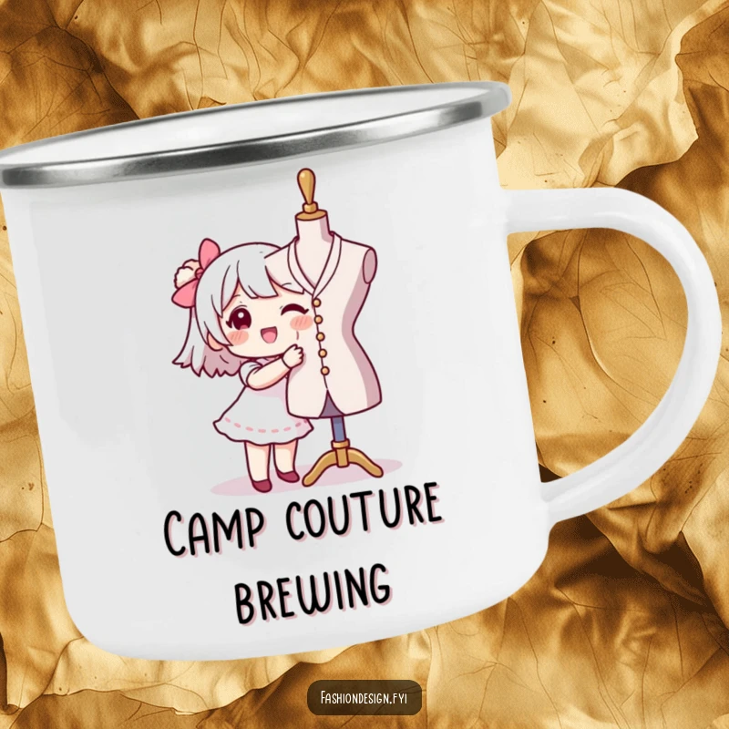 Funny seamstress camping mug with a character happily pinning fabric to a mannequin, perfect for outdoor creativity and sips.