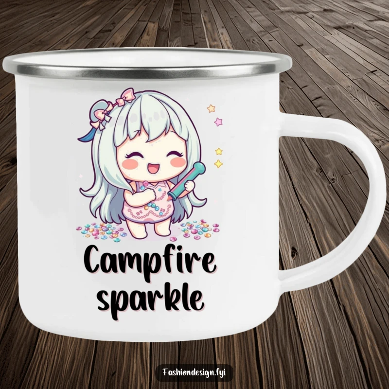 Funny camping mug with a lighthearted character happily gluing sequins, ideal for crafting enthusiasts who love the outdoors.