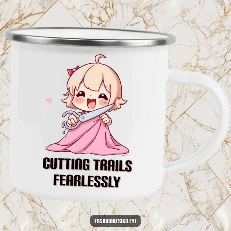 Funny camping mug featuring a playful character excitedly cutting fabric with large scissors, perfect for creative campers.