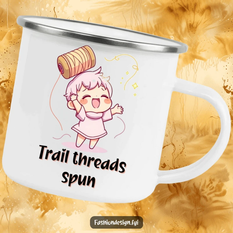 Funny camping mug with a character gleefully tossing a spool of shimmering thread, celebrating sewing on the go.